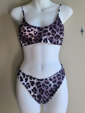 Grey & Lavender Snow Leopard Print Bikini Set-High Cut - Fits Like A Medium/Smal